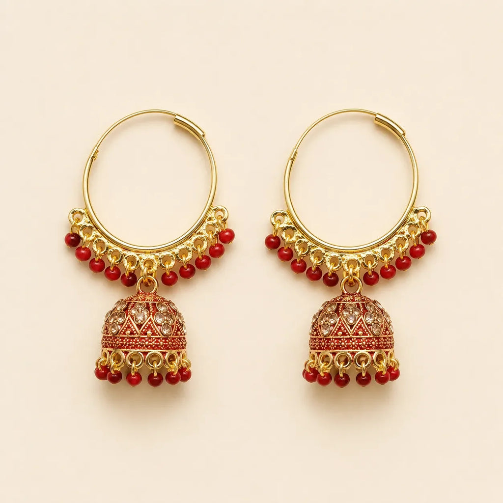 Gold-Plated Hoop Jhumka Earrings with Red Stone Studded Bell | Traditional Chandbali Bali Earrings for Women