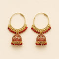 Gold-Plated Hoop Jhumka Earrings with Red Stone Studded Bell | Traditional Chandbali Bali Earrings for Women