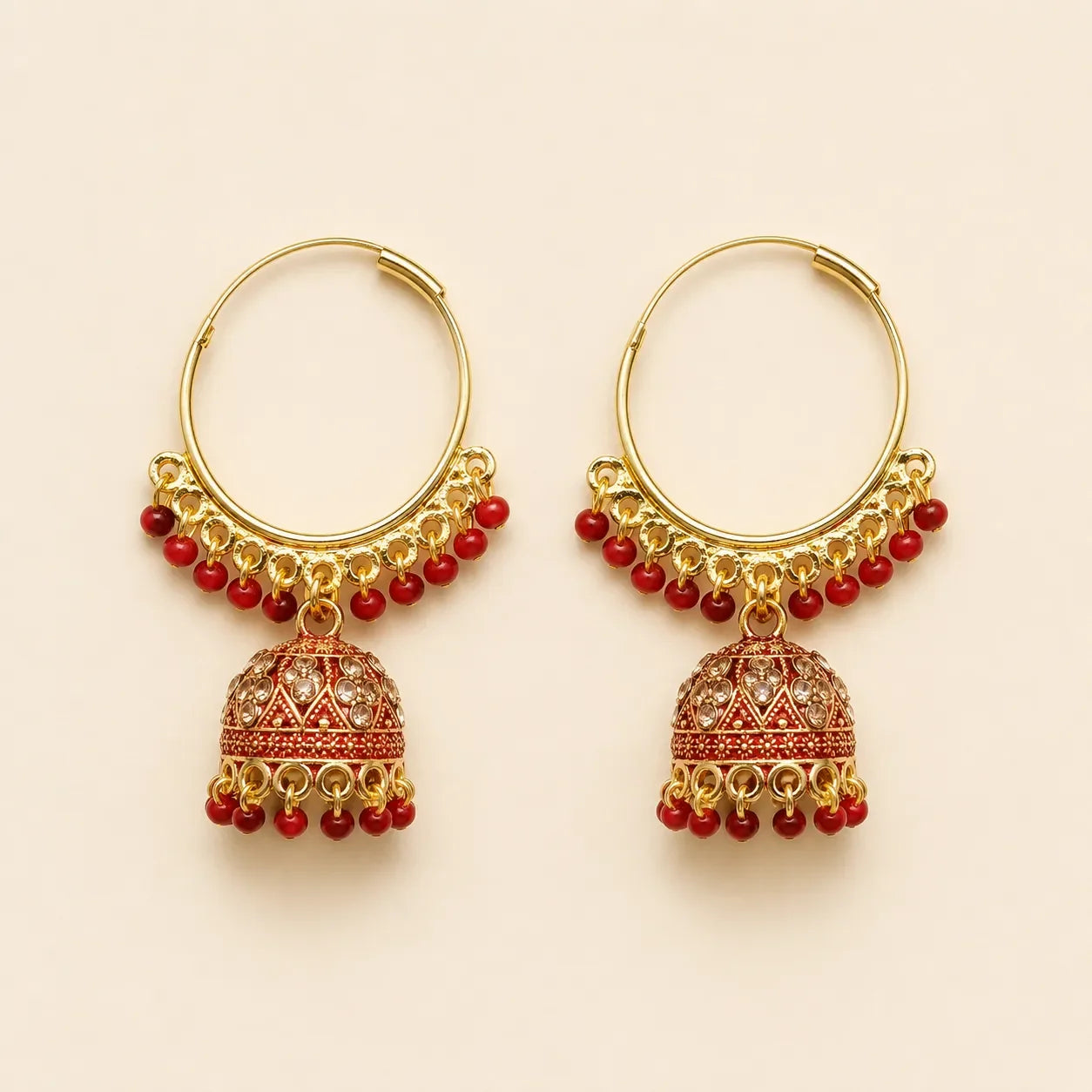 Gold-Plated Hoop Jhumka Earrings with Red Stone Studded Bell | Traditional Chandbali Bali Earrings for Women