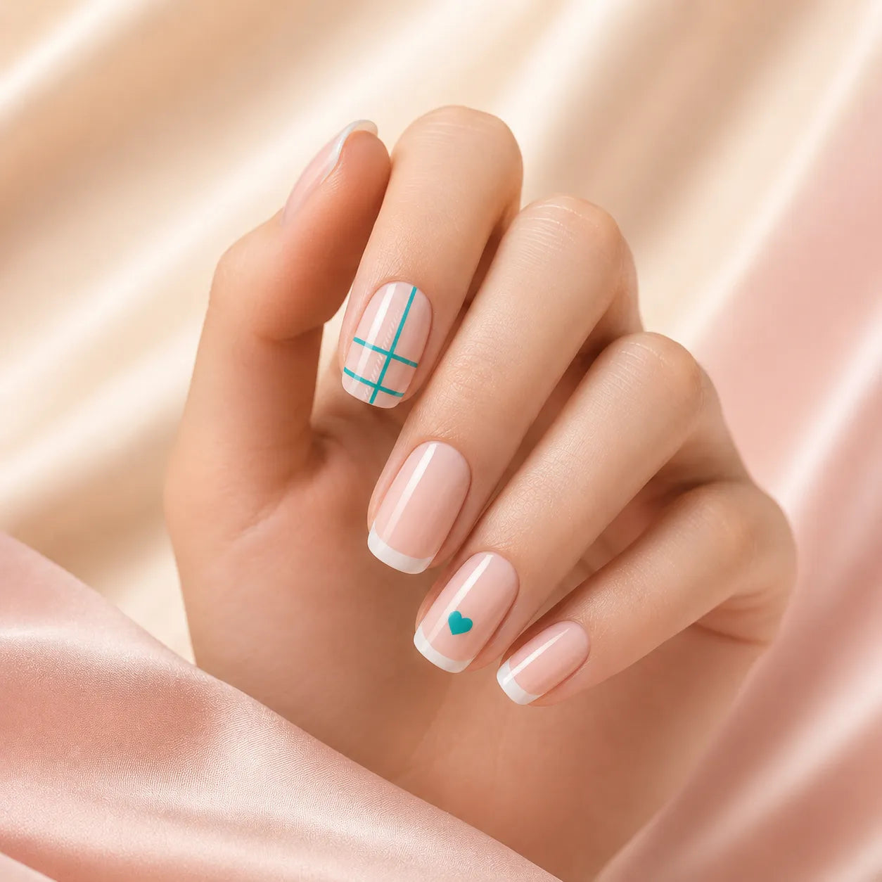 Woman's hand wearing SAVNI nude French tip press-on nails with teal geometric grid accent and mini heart nail on satin background
