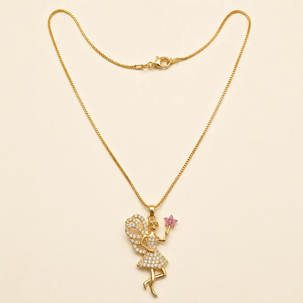 Gold fairy pendant necklace with CZ crystals and pink flower charm, close-up product photo on beige background