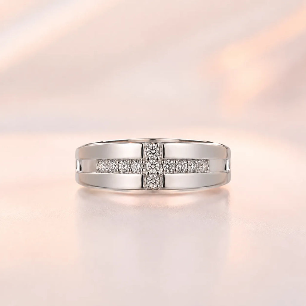 Silver wide polished band ring with cross CZ channel setting — his ring from couple matching set on blush background