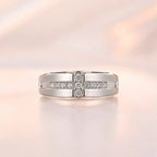 Silver wide polished band ring with cross CZ channel setting — his ring from couple matching set on blush background