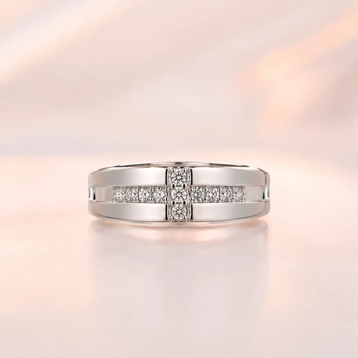 Silver wide polished band ring with cross CZ channel setting — his ring from couple matching set on blush background