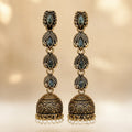Antique gold jhumka earrings with blue marquise crystals and pearl bead fringe, traditional ethnic jewelry product photo
