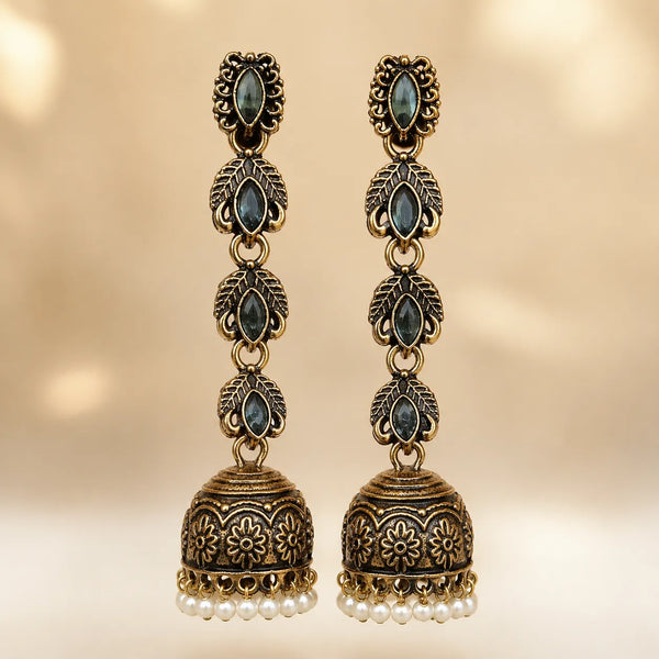 Antique gold jhumka earrings with blue marquise crystals and pearl bead fringe, traditional ethnic jewelry product photo