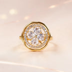 CZ Four-Leaf Clover Ring |Gold Colour Plated Scalloped Halo Ring with Crystal Clover | Adjustable Lucky Charm Ring