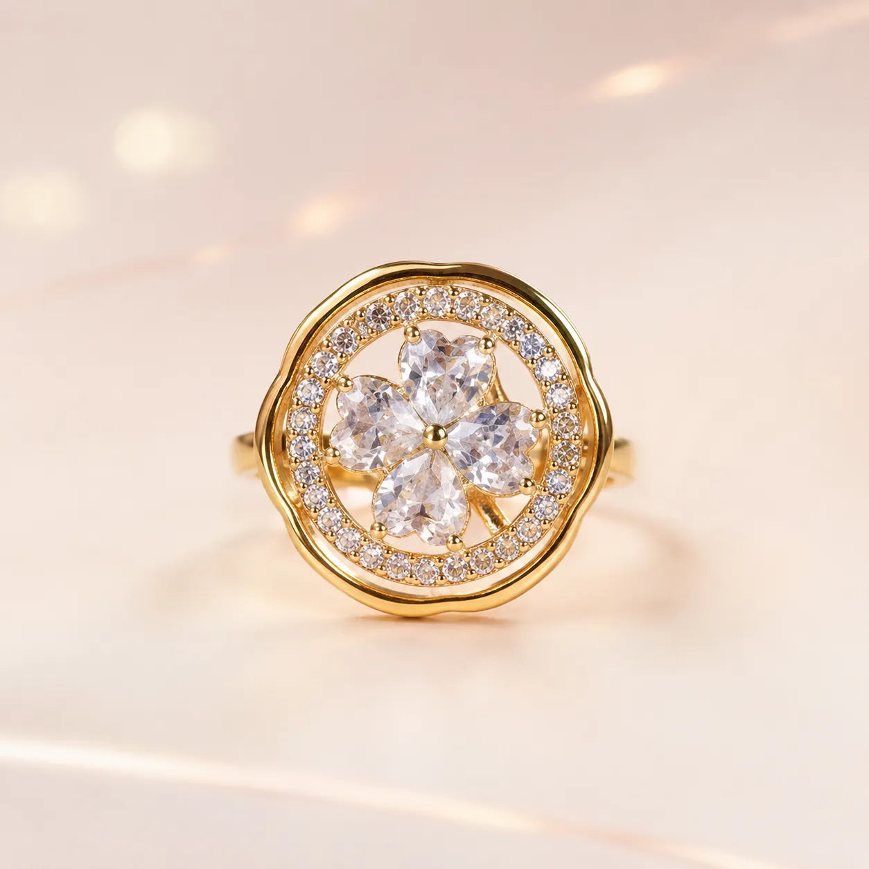 CZ Four-Leaf Clover Ring |Gold Colour Plated Scalloped Halo Ring with Crystal Clover | Adjustable Lucky Charm Ring