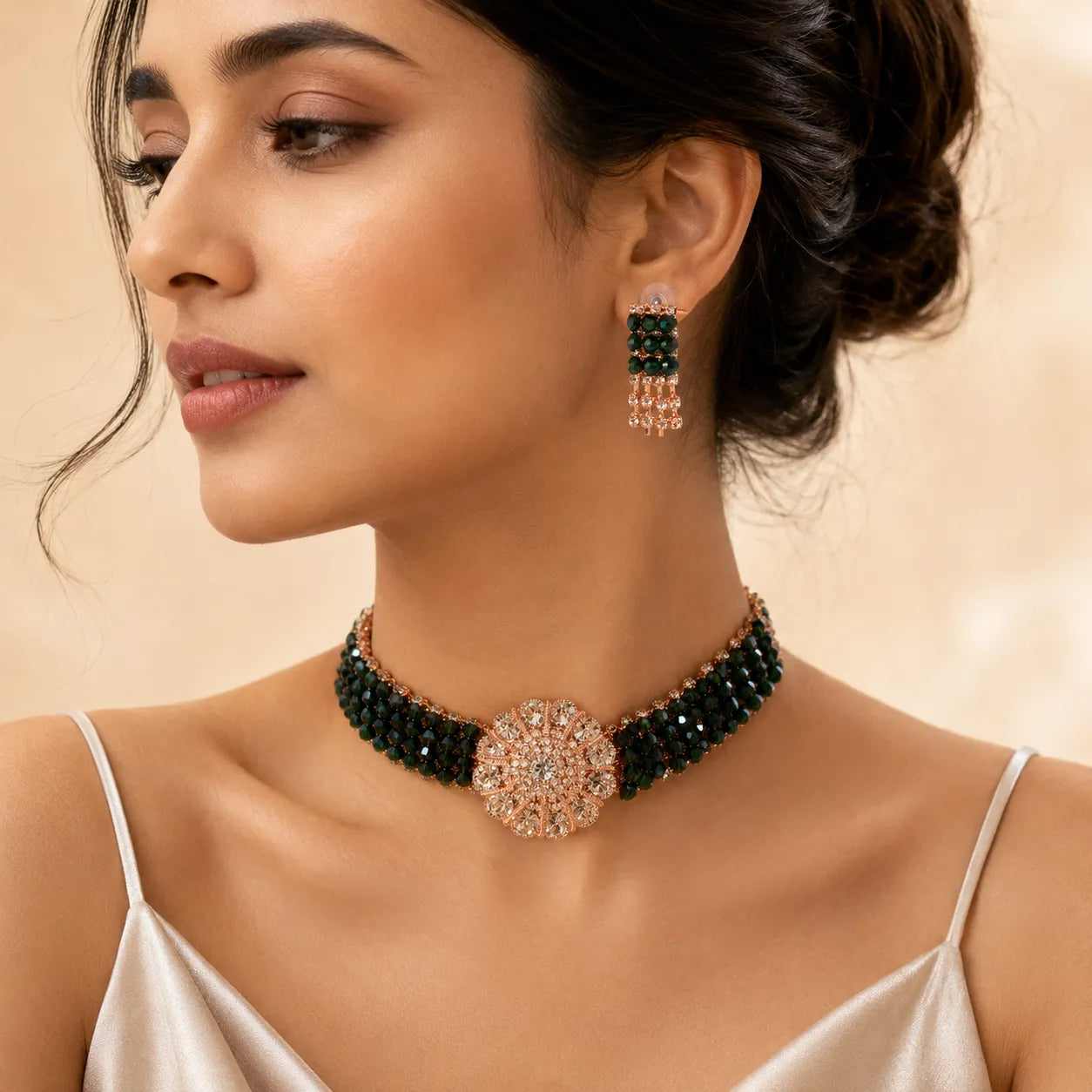 Emerald Green Crystal Choker Necklace Set with Earrings – Rose Gold Beaded Statement Collar with Rhinestone Flower Clasp