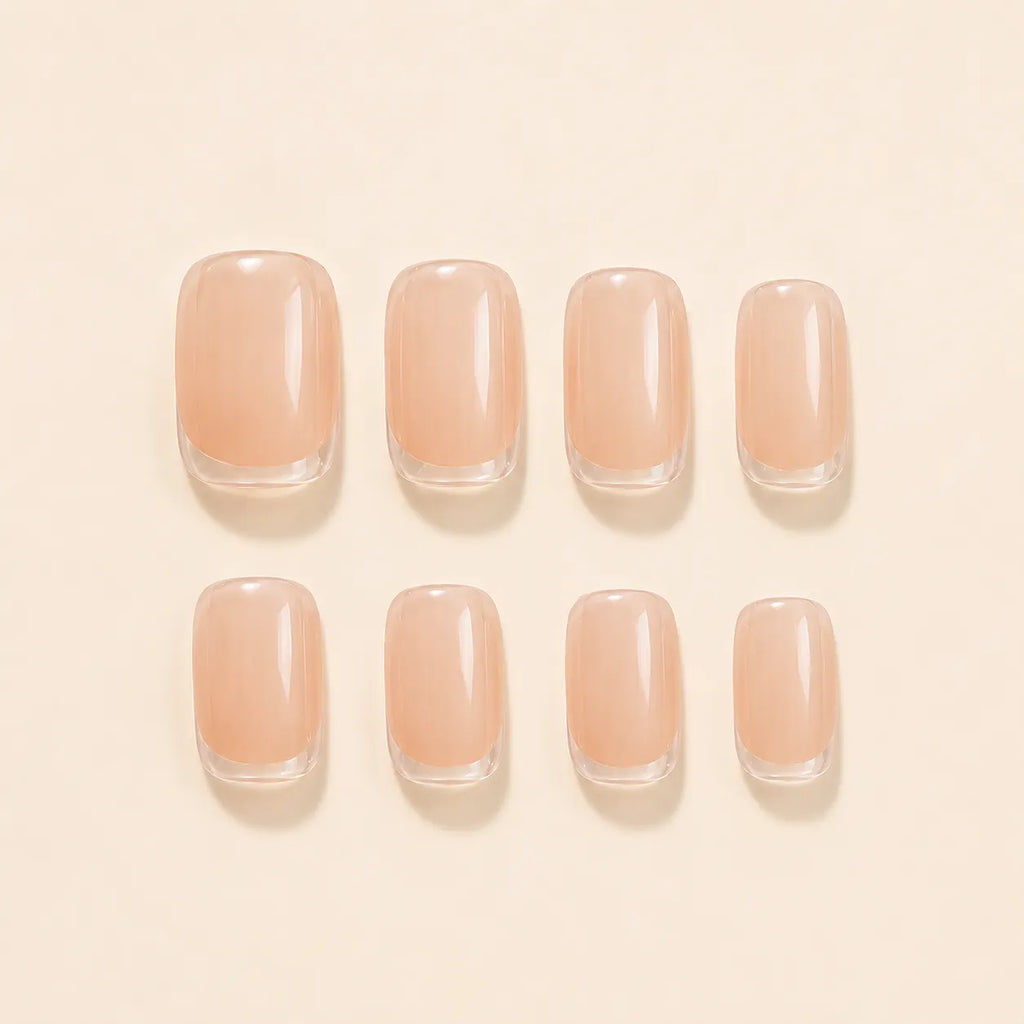 Sheer nude press on nails packaging showing 24 piece natural 2-minute manicure set with clear tip design