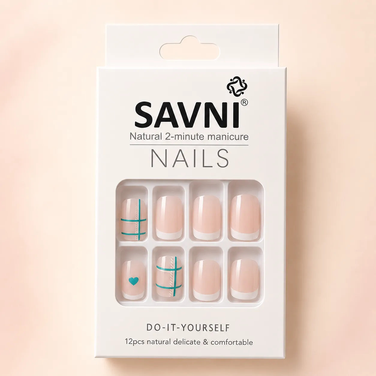 SAVNI nude French tip teal grid heart press-on nails 12pcs natural 2-minute DIY manicure kit in white retail box