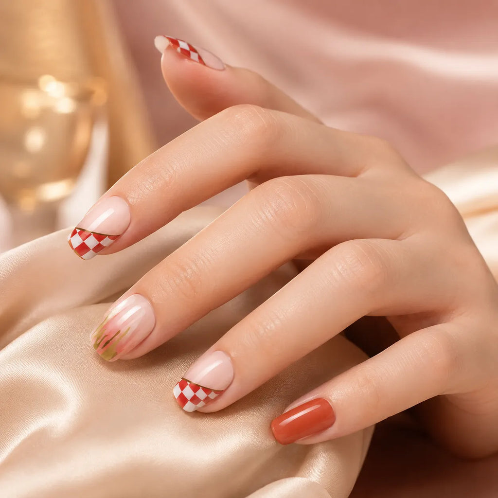 "Woman wearing terracotta and checkerboard press-on nails with floral accent"