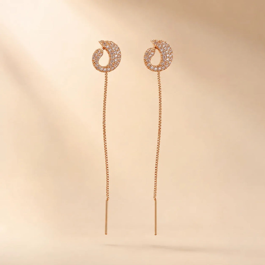 "Pair of rose gold CZ threader earrings with long chain drop"