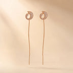 "Pair of rose gold CZ threader earrings with long chain drop"
