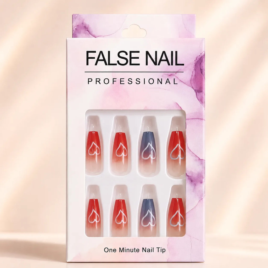 "Set of red and blue ombre press-on nails with white heart outline design"