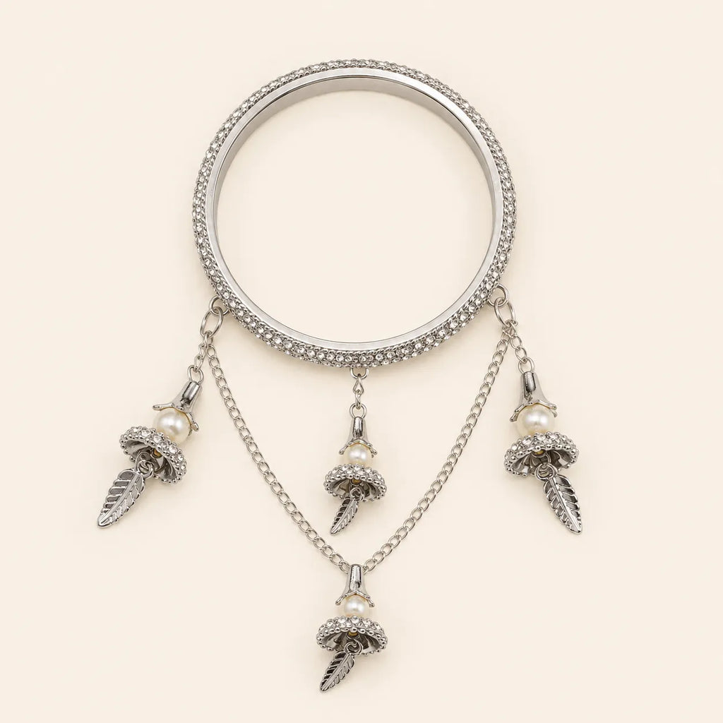 Silver CZ Pave Bangle Set with Hanging Jhumka Pearl & Feather Chain Drops | Diamond-Look Crystal Kada with Mini Bell Charms | Indian Bridal & Festive Jewelry for Women