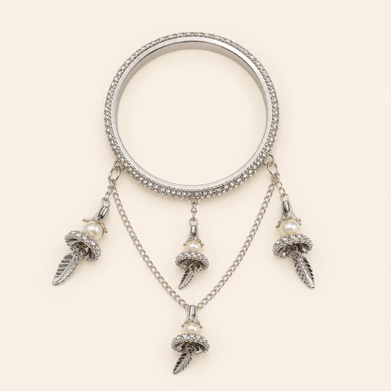 Silver CZ Pave Bangle Set with Hanging Jhumka Pearl & Feather Chain Drops | Diamond-Look Crystal Kada with Mini Bell Charms | Indian Bridal & Festive Jewelry for Women