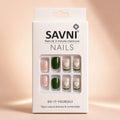 "SAVNI press-on nails packaging box with pink and green 12-piece DIY nail set"