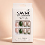 "SAVNI press-on nails packaging box with pink and green 12-piece DIY nail set"