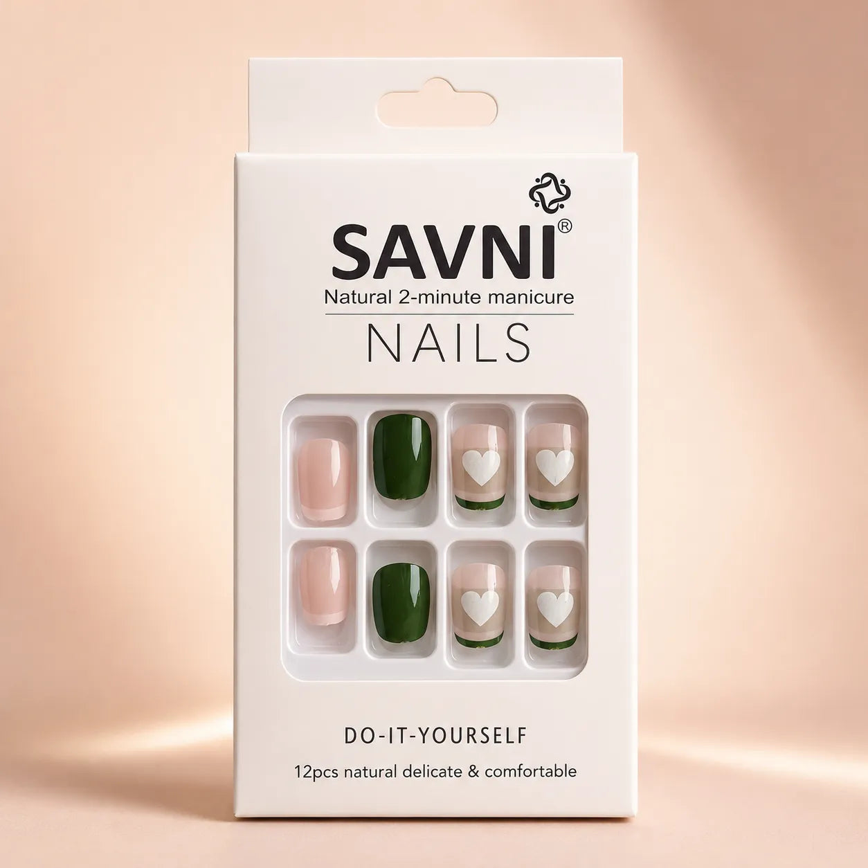 "SAVNI press-on nails packaging box with pink and green 12-piece DIY nail set"