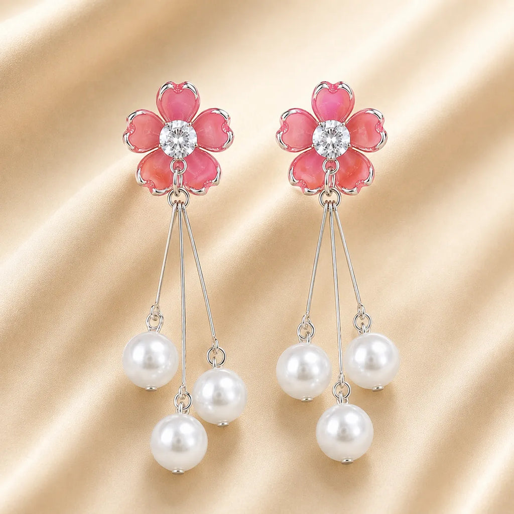 Pale Red Flower Pearl Drop Earrings | CZ Center Floral Studs with Triple Pearl Tassel | Elegant Bridal & Party Jewelry