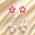 Pale Red Flower Pearl Drop Earrings | CZ Center Floral Studs with Triple Pearl Tassel | Elegant Bridal & Party Jewelry