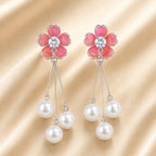 Pale Red Flower Pearl Drop Earrings | CZ Center Floral Studs with Triple Pearl Tassel | Elegant Bridal & Party Jewelry