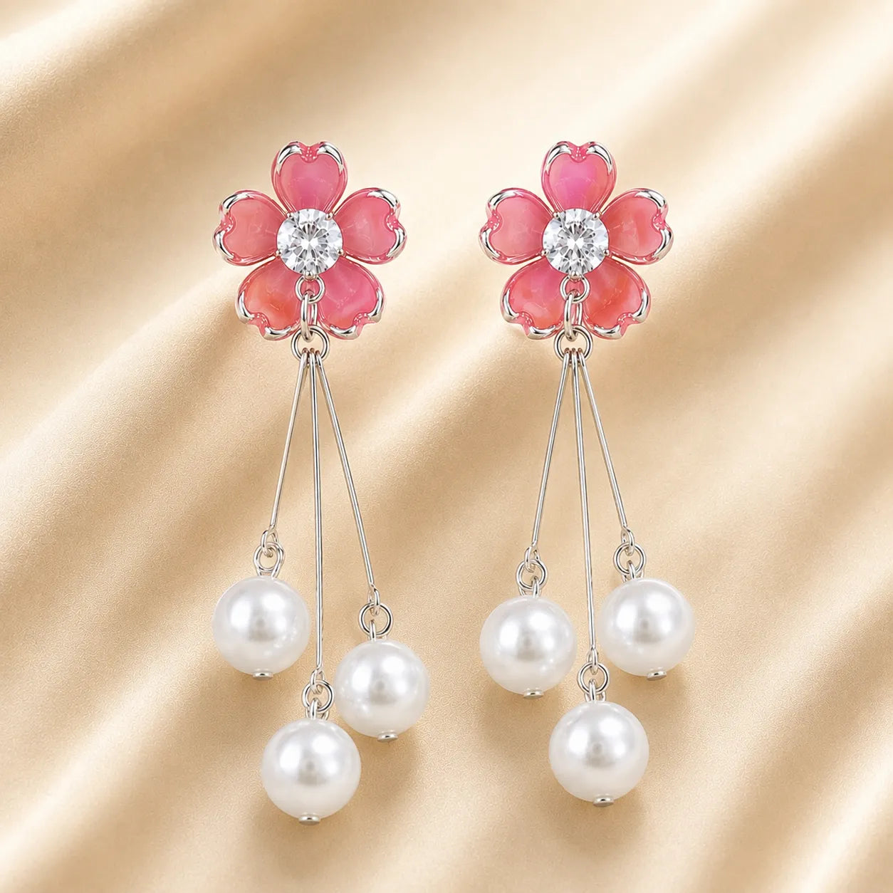 Pale Red Flower Pearl Drop Earrings | CZ Center Floral Studs with Triple Pearl Tassel | Elegant Bridal & Party Jewelry