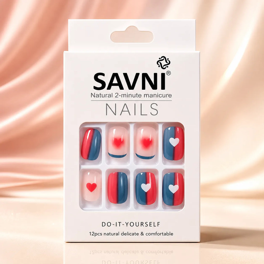 SAVNI red blue color block heart press-on nails 12pcs natural 2-minute DIY manicure kit in white retail box