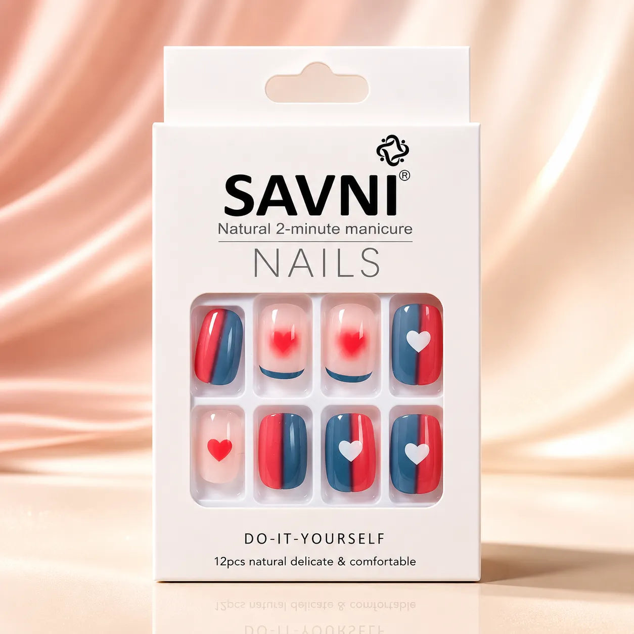 SAVNI red blue color block heart press-on nails 12pcs natural 2-minute DIY manicure kit in white retail box