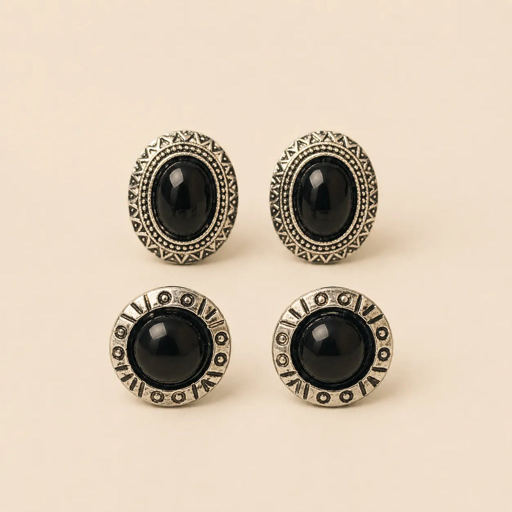 "Set of black stone stud earrings, oval aztec design and round beaded design"