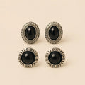 "Set of black stone stud earrings, oval aztec design and round beaded design"