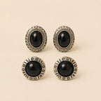 "Set of black stone stud earrings, oval aztec design and round beaded design"