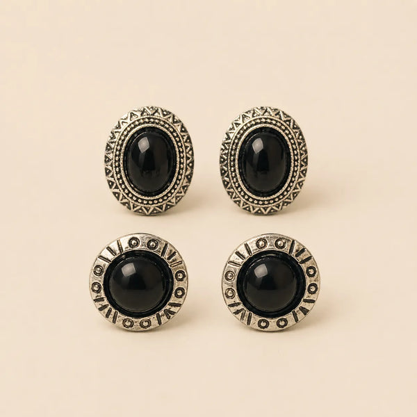 "Set of black stone stud earrings, oval aztec design and round beaded design"