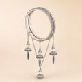Silver CZ Pave Bangle Set with Hanging Jhumka Pearl & Feather Chain Drops | Diamond-Look Crystal Kada with Mini Bell Charms | Indian Bridal & Festive Jewelry for Women