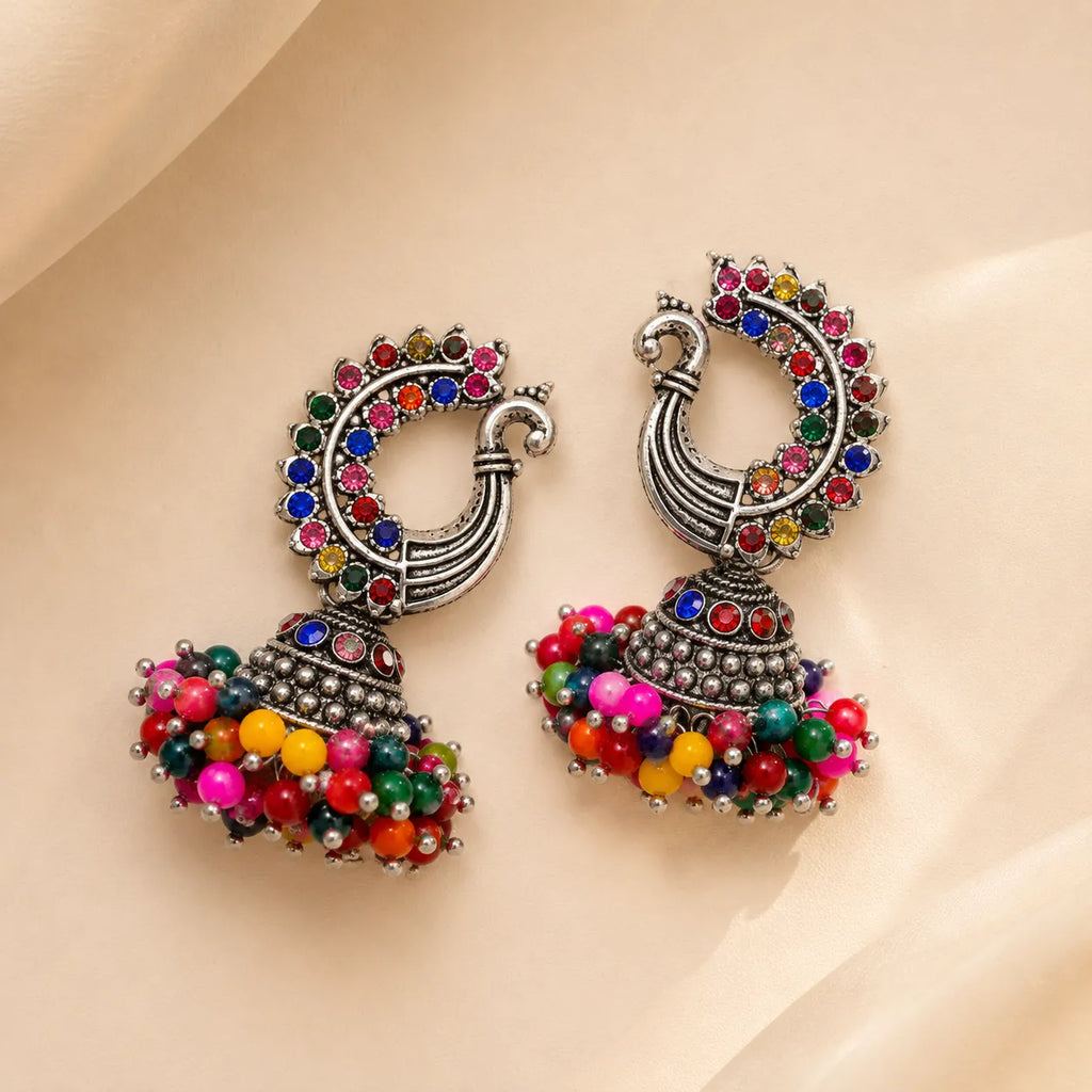 Oxidized silver multicolor stone jhumka earrings for weddings