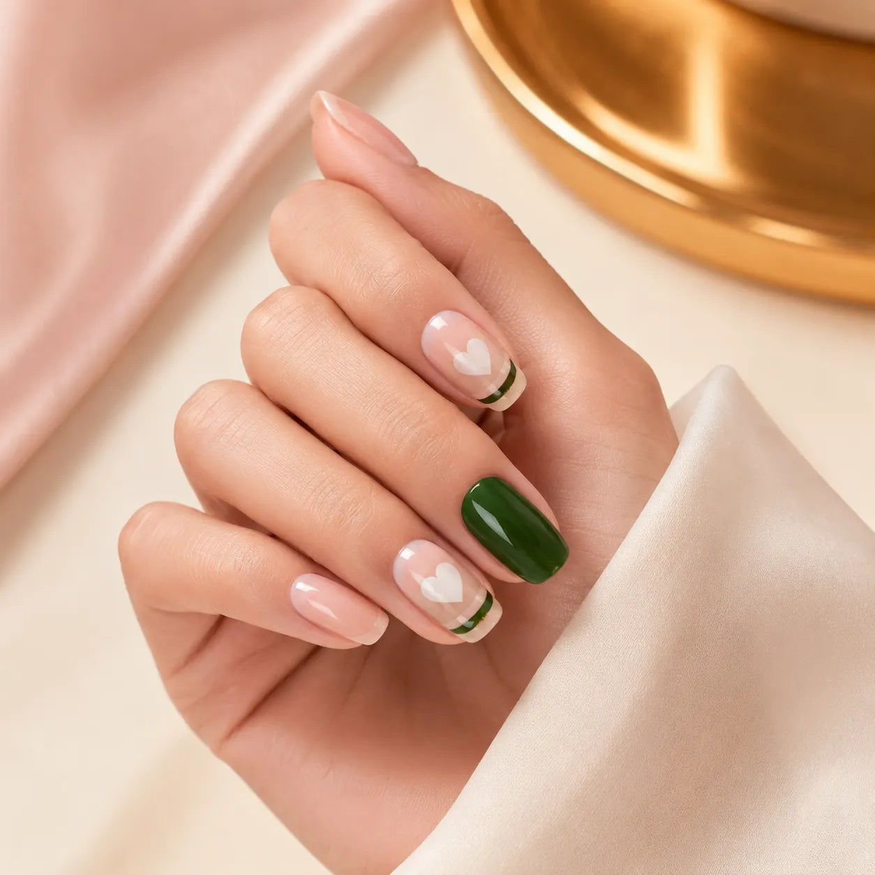  "Woman wearing pink and green heart French tip press-on nails"